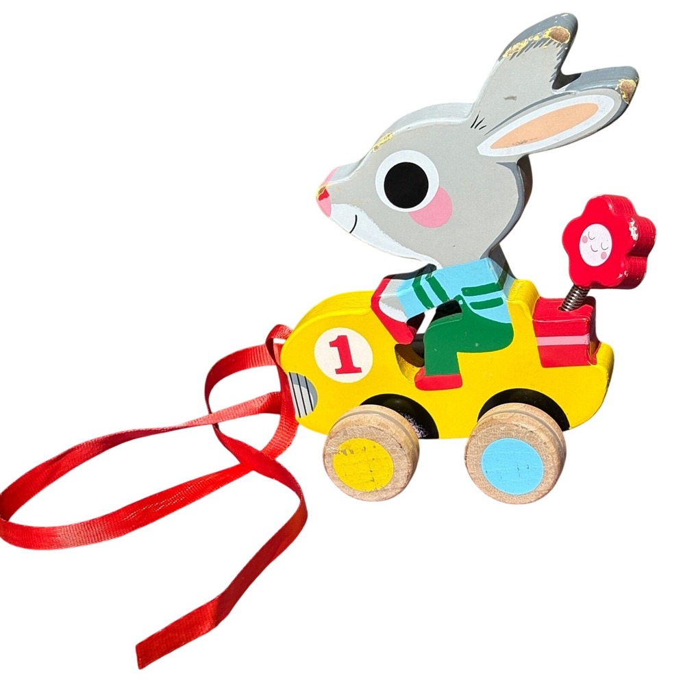 Vintage Pull Toy Kids Bunny Rabbit Race Car spring Retro‎ wooden Unique Dje